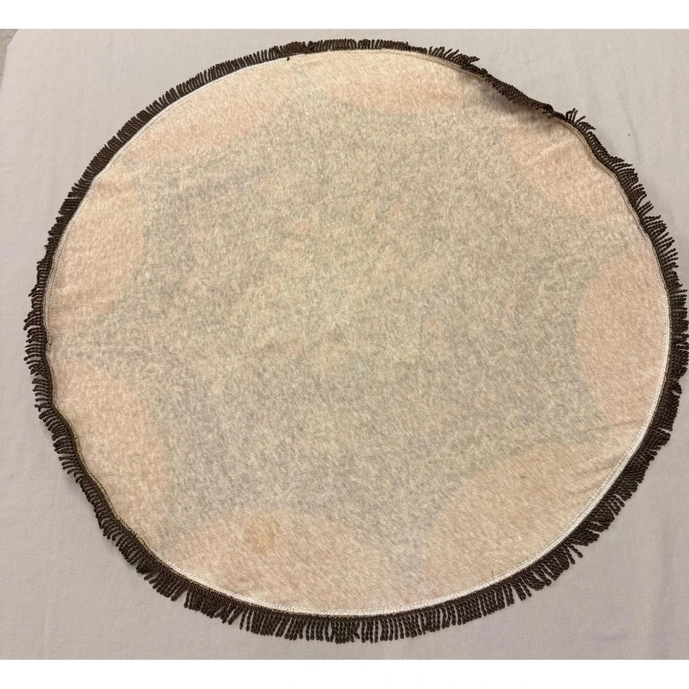 Vintage Round Floral Tablecloth Rug Accent Mat Fringe Brown Orange Beige Gold